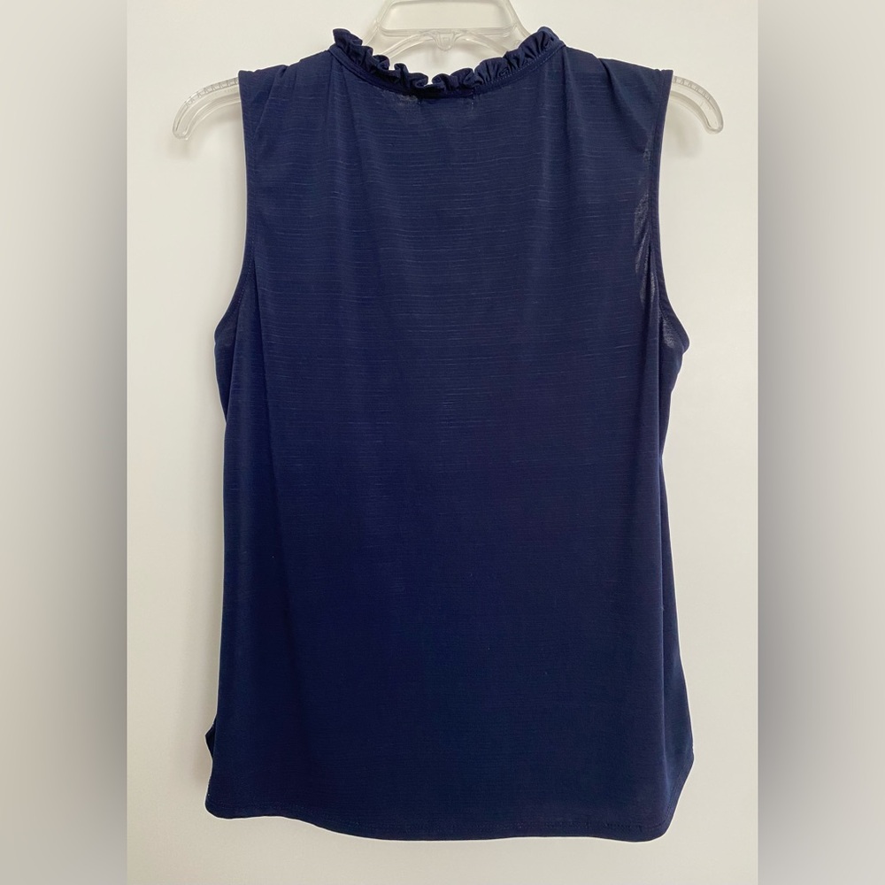 Blue Mood Navy Blue Sleeveless Silky Top with Ruffle Collar size Medium - Picture 5 of 5